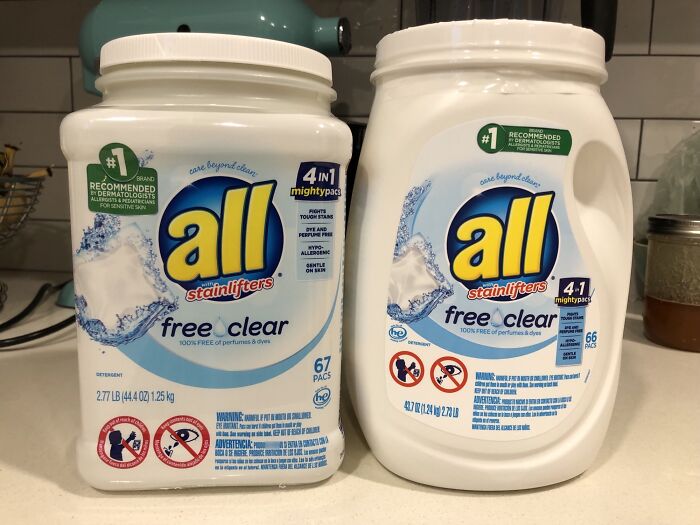 All Brand Laundry Detergent, Now In A Bigger Container, Which Contains One Less Pac Than The Old One