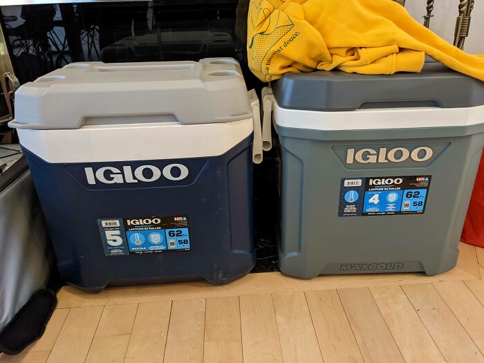 Same Capacity Coolers From Costco Purchased 1 Year Apart. Keeps Ice 1 Day Less (5 Days vs. 4 Days)