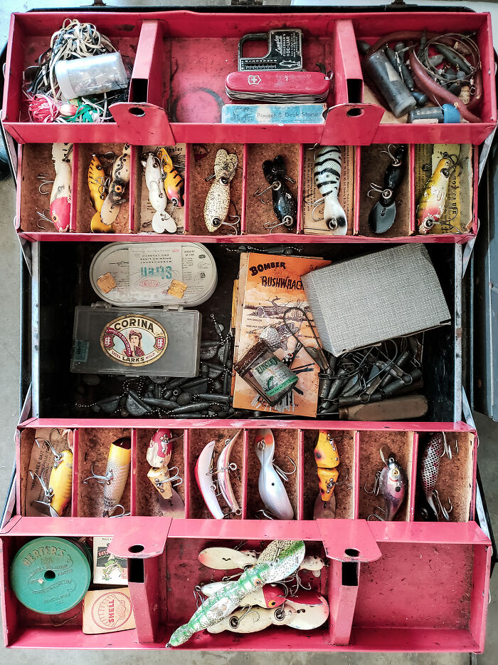 Contents Of My Grandpa's Old Tackle Box, Probably Not Used Since The 80's
