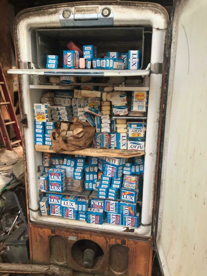 Found An Old Fridge Full Of Soap On A Friend’s Property. They Said The Property Used To Belong To An Uncle And Have No Explanation For It