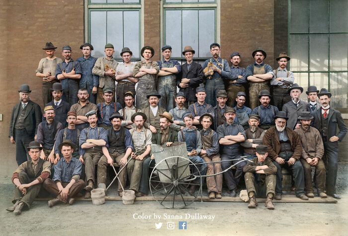 Factory Workers & Their Two Cats At A Manufacturing Company That Assembled Cadillac Cars, In The Year 1903