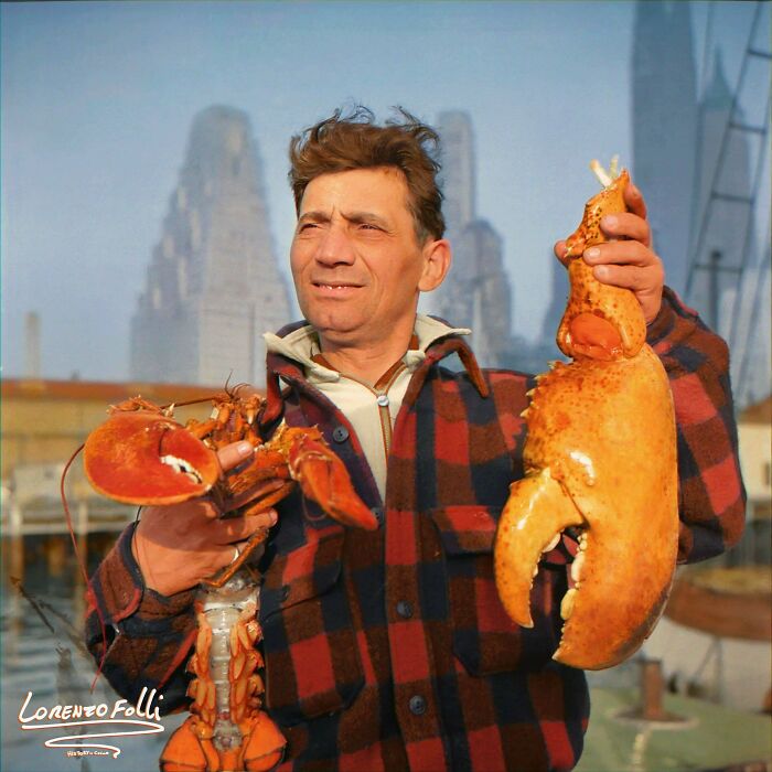 New York, Dock Stevedore At The Fulton Fish Market Holding Giant Lobster Claws,1943 May-June.