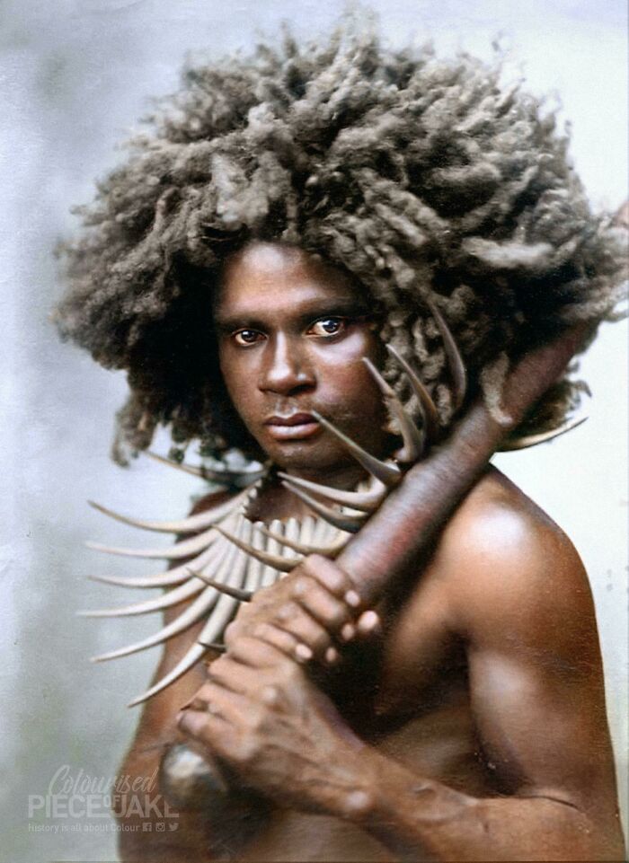 A Proud Fijian Man (Republic Of The Fiji Islands). An Unusual Portrait, Showing The ‘Wasekaseka’ Split Sperm Whale’s Tooth Necklace From Fiji Which Was Typical Neck-Dress Of A High Ranking Tribesman, Ca. 1880.