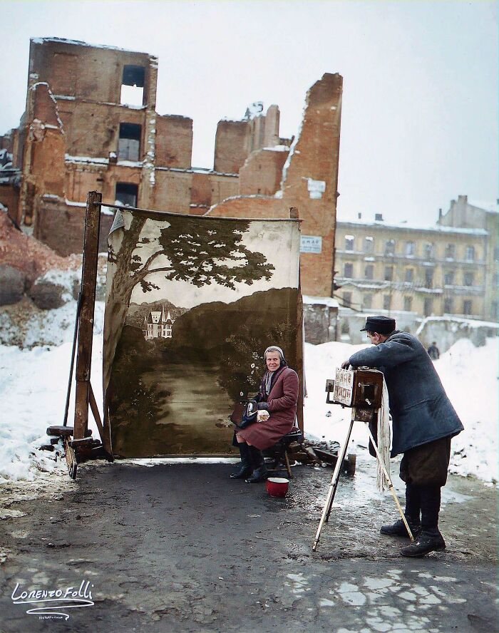 Michael Nash. A Photographer Uses His Own Backdrop To Mask Poland’s World War II Ruins While Shooting A Portrait Of A Woman In Warsaw, In November Of 1946.