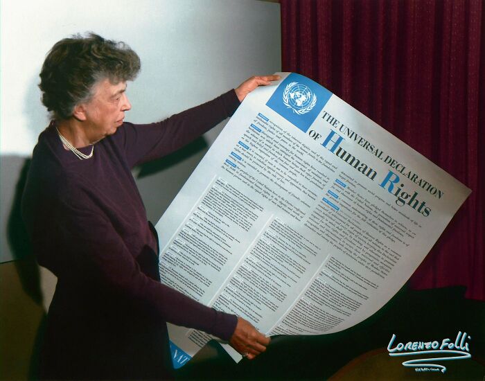 Eleanor Roosevelt Holding Poster Of The Universal Declaration Of Human Rights (In English), Lake Success, New York. November 1949.