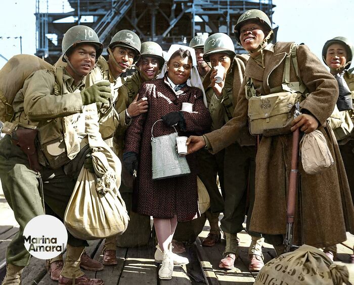 Enlisted Men Of Unit 5891-E With Red Cross Canteen Worker, Helen Alston, Before Sailing Overseas, 1944.