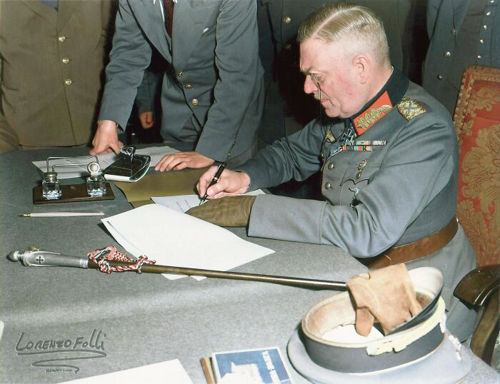 Field Marshal Wilhelm Keitel Signs The Act Of Military Surrender In Berlin (8 May 1945).