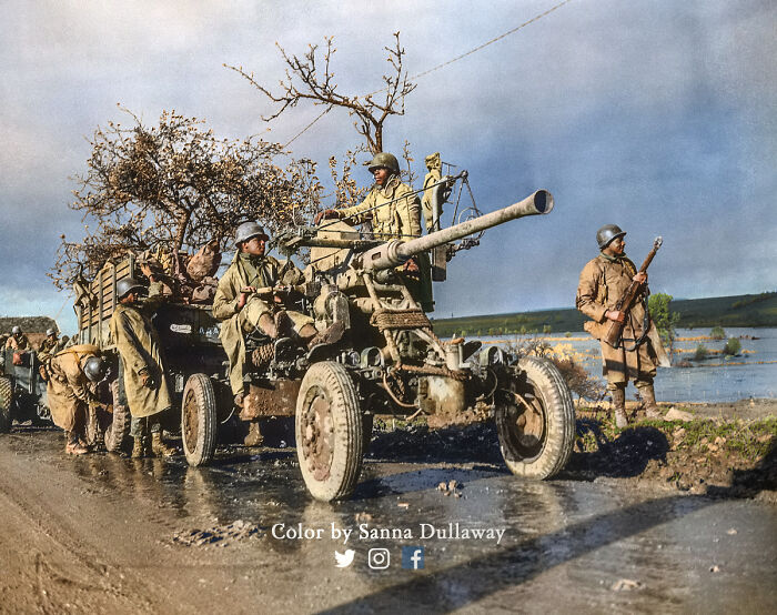 African American Soldiers Of The 452nd Anti-Aircraft Artillery Stand By And Check Their Equipment While The Convoy Takes A Break In North-Eastern France, 9 November In 1944