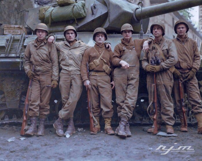 19 December 1944 Members Of The Us 823rd Tank Destroyer Battalion, Company ‘C’ Pose In Front Of An M-10. These Men Were Credited With Knocking Out Four S.ss/Pz Abt. 501 Panzer Vi ‘King Tigers’ At Or Around Stavelot, Belgium.
