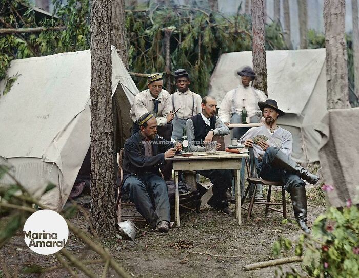 Petersburg, Va. Officers Of The 114th Pennsylvania Infantry Playing Cards In Front Of Tents. August 1864.