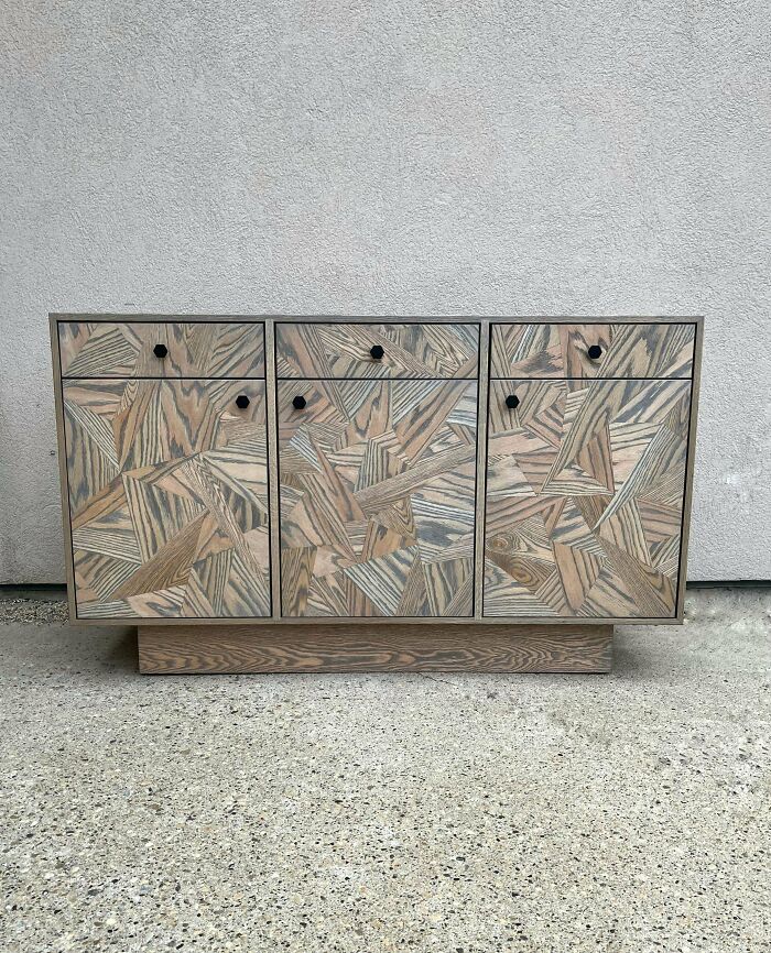 A “Chaos” Sideboard We Just Finished Up. Red Oak With Silver Grey Stain. Continuous Grain Door/Drawers