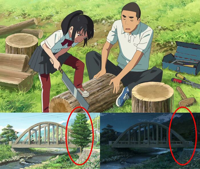 In "Your Name" (2016), Mitsuha And Tesshi Are Seen Turning A Tree Into Their Makeshift Café, Which Is Why One Of The Trees In The Town Is Later Missing