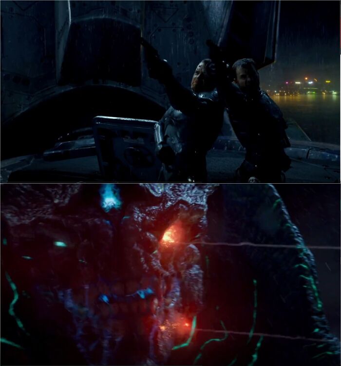 In Pacific Rim [2013], When Herc Is Injured After Being Thrown Inside Their Jaeger, His Shot Misses As A Right Hand Shooter Would If They Were Shooting Cross-Dominant Like He Is Here, While Chuck's Is Dead On