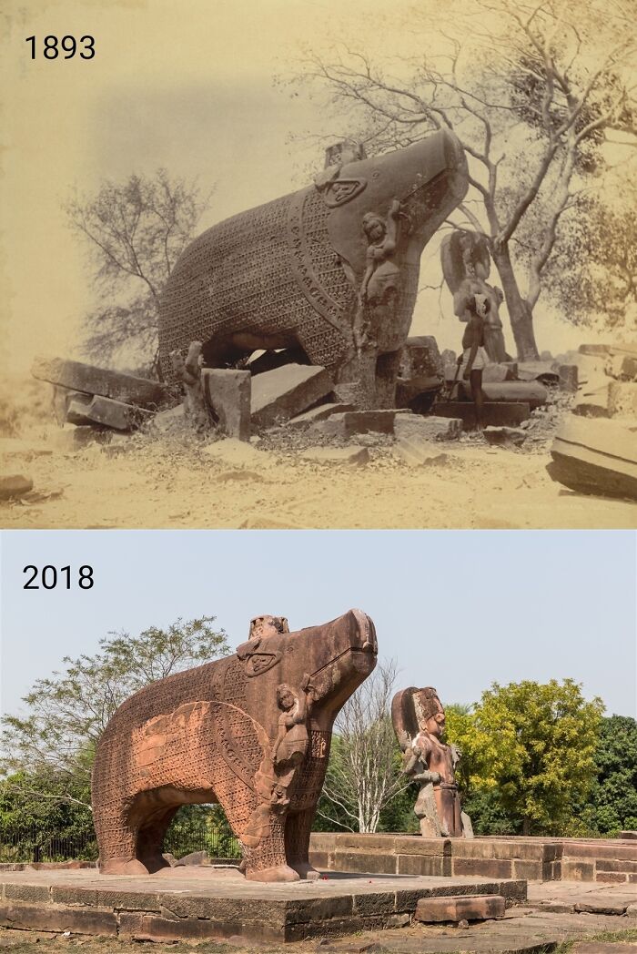 Colossal Statues Of Varaha Lifting Bhudevi (Earth), (11 Feet High) And Vishnu (Back, 13 Feet High). Carved Between 500-600 Ce. Eran, Madhya Pradesh, India. Photos From 1893 And 2018
