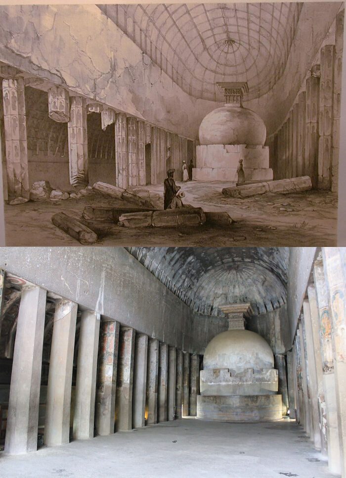 The 2100 Year Old Chaitya Hall Of Ajanta Cave 10 In Maharashtra, India. As Seen In 1839 And As Seen Now