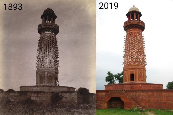 Hiran Minar Or Ivory Tower, Fatehpur Sikri, Agra, India. Built By Mughal Emperor Akbar Between 1571 - 1585. Photos From 1893 And 2019