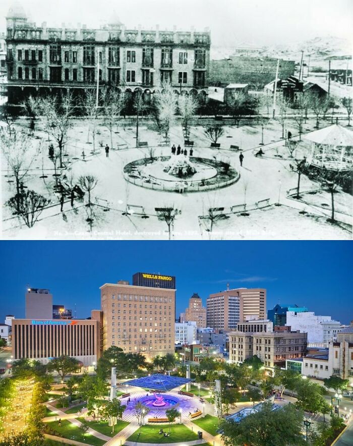 San Jacinto Plaza, El Paso, Tx. 1900ish vs. 2022 (Not The Same Angle But Close Enough)