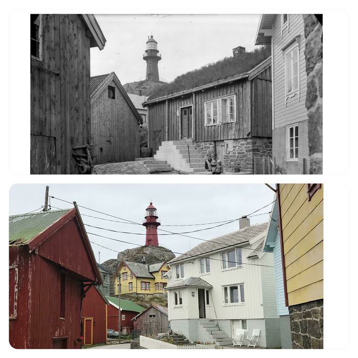 1930s vs. 2021, Same Location, Ona Lighthouse, Norway. Lighthouse Constructed In 1867 And Still Active