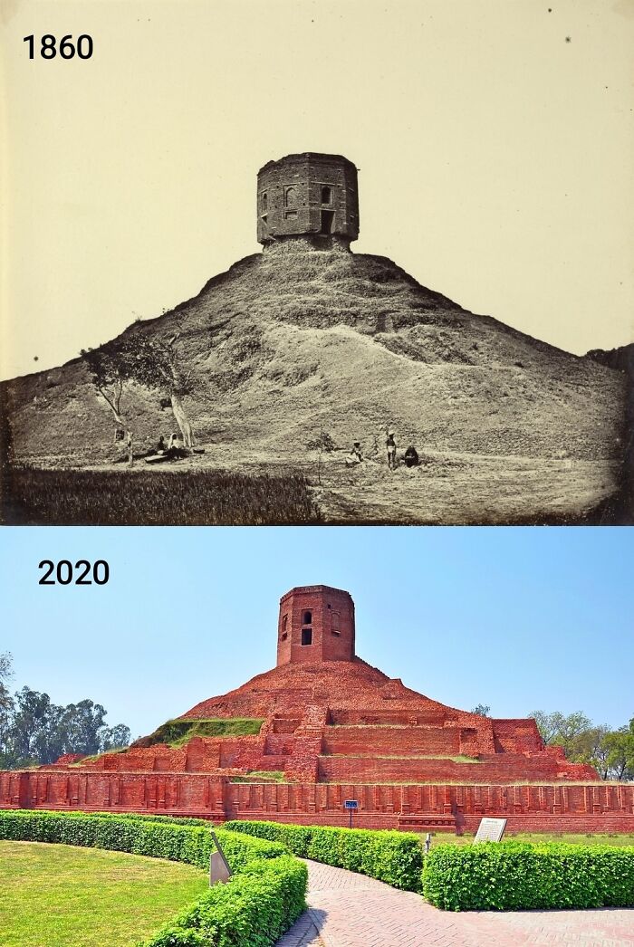 Chaukhandi Stupa, Sarnath, India. Originally Built Between 4th And 6th Centuries By Gupta Dynasty To Mark The Site Where Buddha And His First Disciples Met. Octagonal Tower Was Added In 1588 By Raja Todar Mal To Commemorate The Visit Of Mughal Humayun. Photos From 1860 And 2020