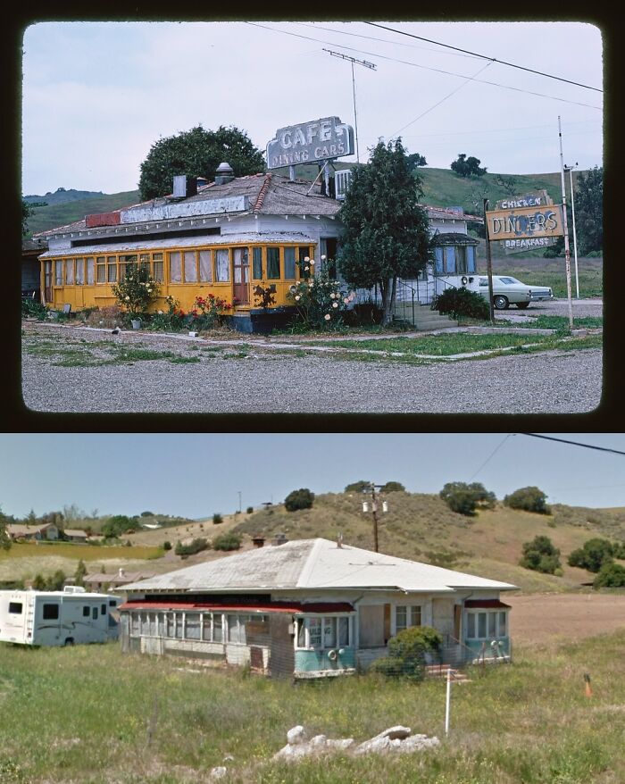 The Dining Cars Cafe In Buellton, California. Open From 1946 To 1958, The Diner Incorporated Two Former La Streetcars Into Its Architecture. It Had Been Closed For Almost Two Decades By The Time The Top Photo Was Taken. (1976 vs. 2012)