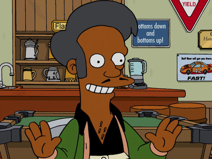 The Simpsons character Apu Nahasapeemapetilon is smiling