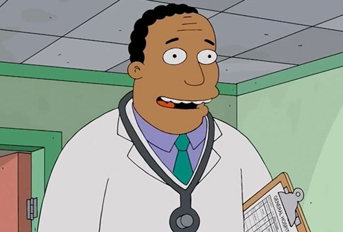 The Simpsons character Dr. Hibbert calmly talking