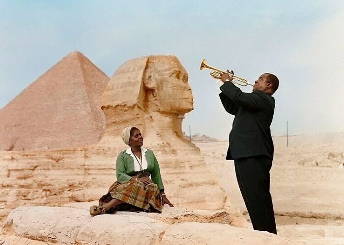 Louis Armstrong Playing The Trumpet For His Wife Lucille In Front Of The Great Sphinx Of Giza In Greater Cairo, Egypt, In 1961