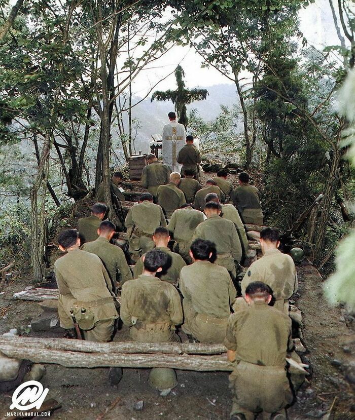 Chaplain Kenny Lynch Conducting A Service For The Men Of The 31st Infantry Regiment In Hwacheon, Korea, In 1951 During The Korean War