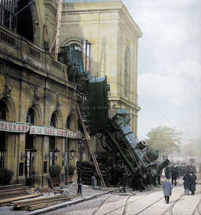 He Train Wreck At Montparnasse Station In Paris, France On The 22 October 1895. The Train Overran A Buffer Stop And Smashed Through A Window Due To The Driver Approaching The Station At Too Fast A Speed. Surprisingly, There Was Only 1 Death As A Result Of This Disaster, A Woman Outside The Station Was Killed By Falling Masonry
