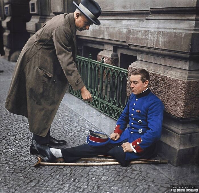 A One-Legged German Veteran From The First World War Begging On The Streets Of Berlin, Germany In 1923