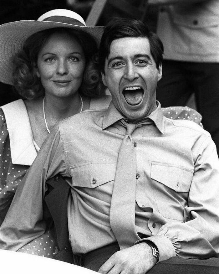 Diane Keaton y Al Pacino tras las cámaras de El Padrino, 1972