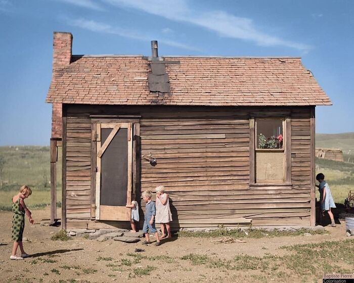 A Great Depression Photograph Taken By Russell Lee Of The Farm Security Administration In August 1937 Showing The Children Of Olaf Fugelberg Playing In Front Of Their Home In Williams County, North Dakota. Olaf Fugelberg Was A Farmer