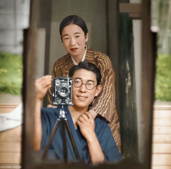 A Japanese Couple Taking A Self Portrait Together In C. 1920