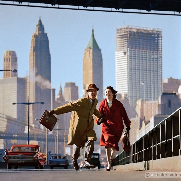 Norman Parkinson Photograph Of Two People Running Up A Street In New York City In 1960