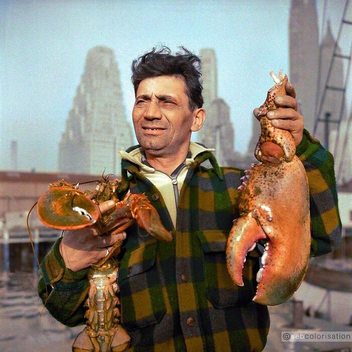 A Dock Stevedore At The New York Fulton Fish Market Holding A Lobster And A Giant Lobster Claw. Photograph Taken By Iconic American Photographer Gordon Parks In May 1943