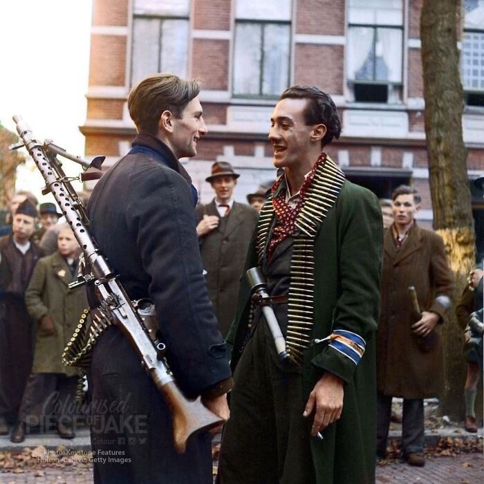 Dutch Resistance Fighters Photographed Celebrating The Liberation Of The City Of Breda, The Netherlands, By The Polish 1st Armored Division On The 29th October 1944