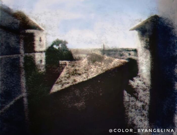 The Oldest Surviving Photograph Ever, Taken In C. 1826 By Joseph Nicéphore Niépce From A Window On His Estate 'Le Gras' In Saint-Loup-De-Varennes, France. In The Photograph, You Can See Some Buildings On His Estate And The Surrounding Countryside