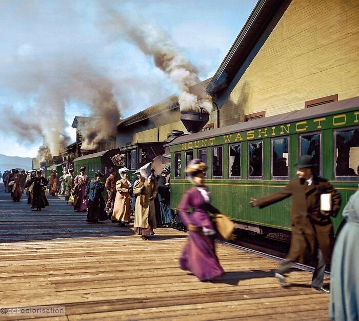 Train Of The Mount Washington Cog Railway Dropping Off/Picking Passengers Up At The Base Station In The White Mountains Mountain Range In New Hampshire, United States. Photo Taken In C. 1906