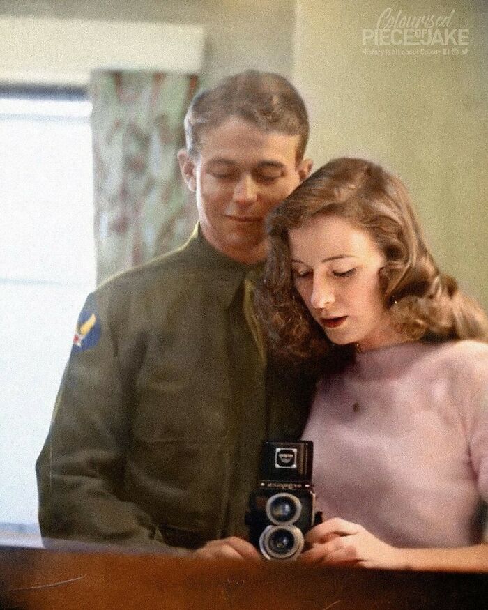 Us Army Air Force 2nd Lt. Quintin C. Aanenson Takes A Selfie In The Mirror With His Girlfriend. Photograph Taken In C. 1940s