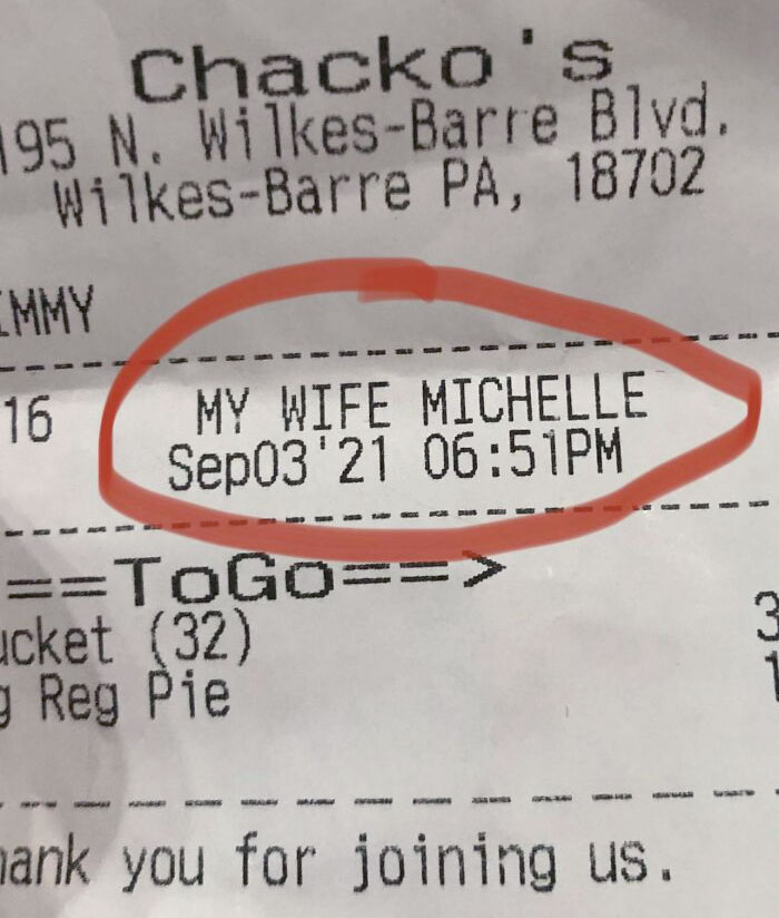 Pizza Shop Asked Me "Who's Name Do You Want The Order Under?" I Replied "My Wife Michelle". This Is How They Announced Her Name When She Picked Up The Food