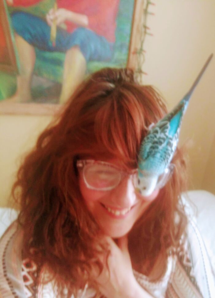 Mr Chicken ( My Parakeet) Must Be On Me At All Times And He Loves My Glasses