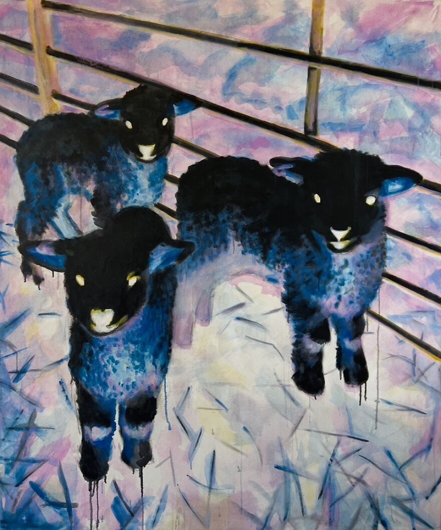 3 Negative Sheep, Acrylic On Canvas, 70.5 X 59”