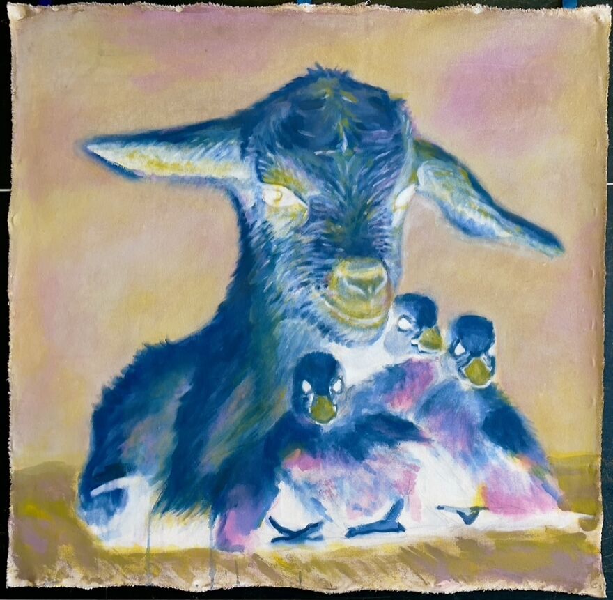 Negative Lamb With Ducklings, Acrylic On Canvas, 42” X 42” Framed
