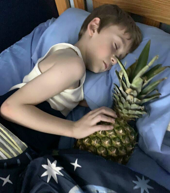 My Brother Can't Stop Talking About Pineapples Despite Never Actually Seeing A Whole One Before. My Mom Bought One For Him Earlier, And It Hasn't Left His Side Yet
