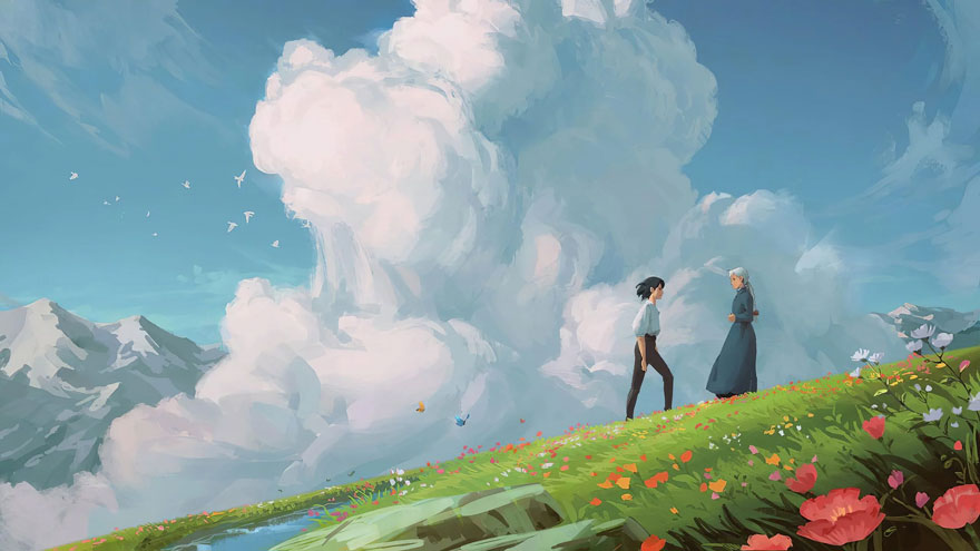 A couple from Howl’s Moving Castle is standing on a field with flowers and huge clouds in their background
