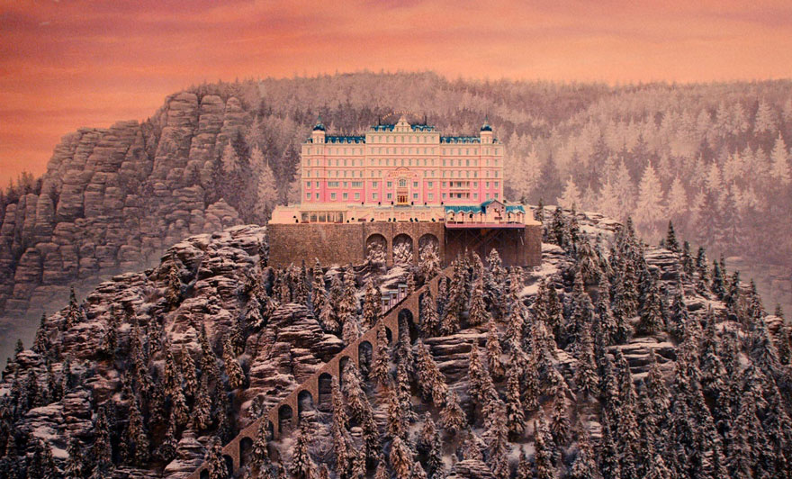 The Grand Budapest Hotel on the hill with pine tree woods