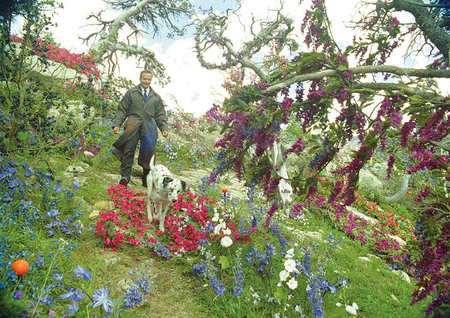 A man with the dog walks in the garden with a lot of flowers