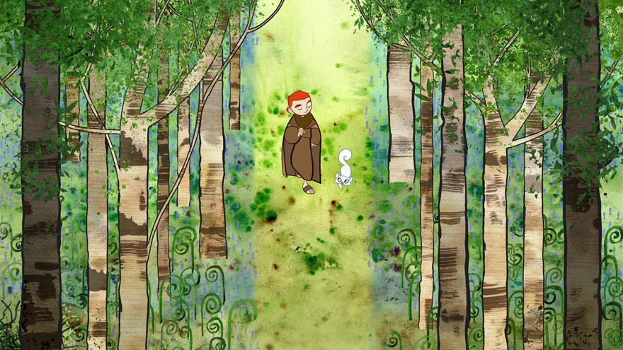 Brendan from ‘The Secret Of Kells’ walking with a white cat in a forest with many trees