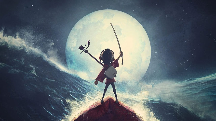 Kubo is in the water standing on the boat edge with a guitar on his back, and he is lifting a sword in his right hand