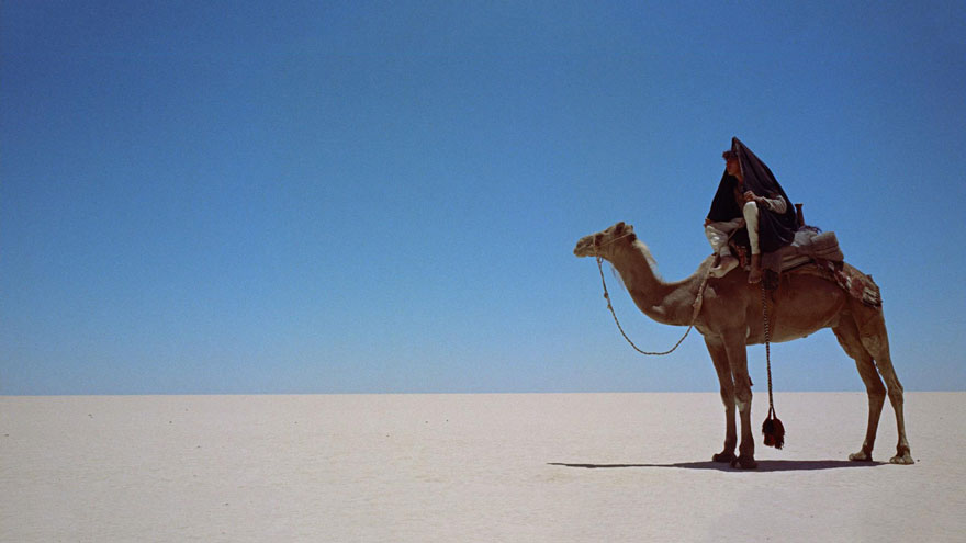 A man riding a camel in the plain desert